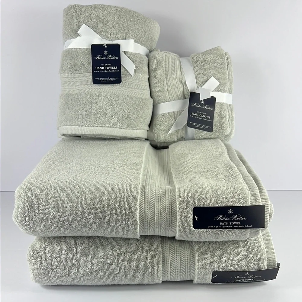 Brooks Brothers Bath Towel Set Gray Plush Premium Cotton Zero Twist Set of 8 NEW
